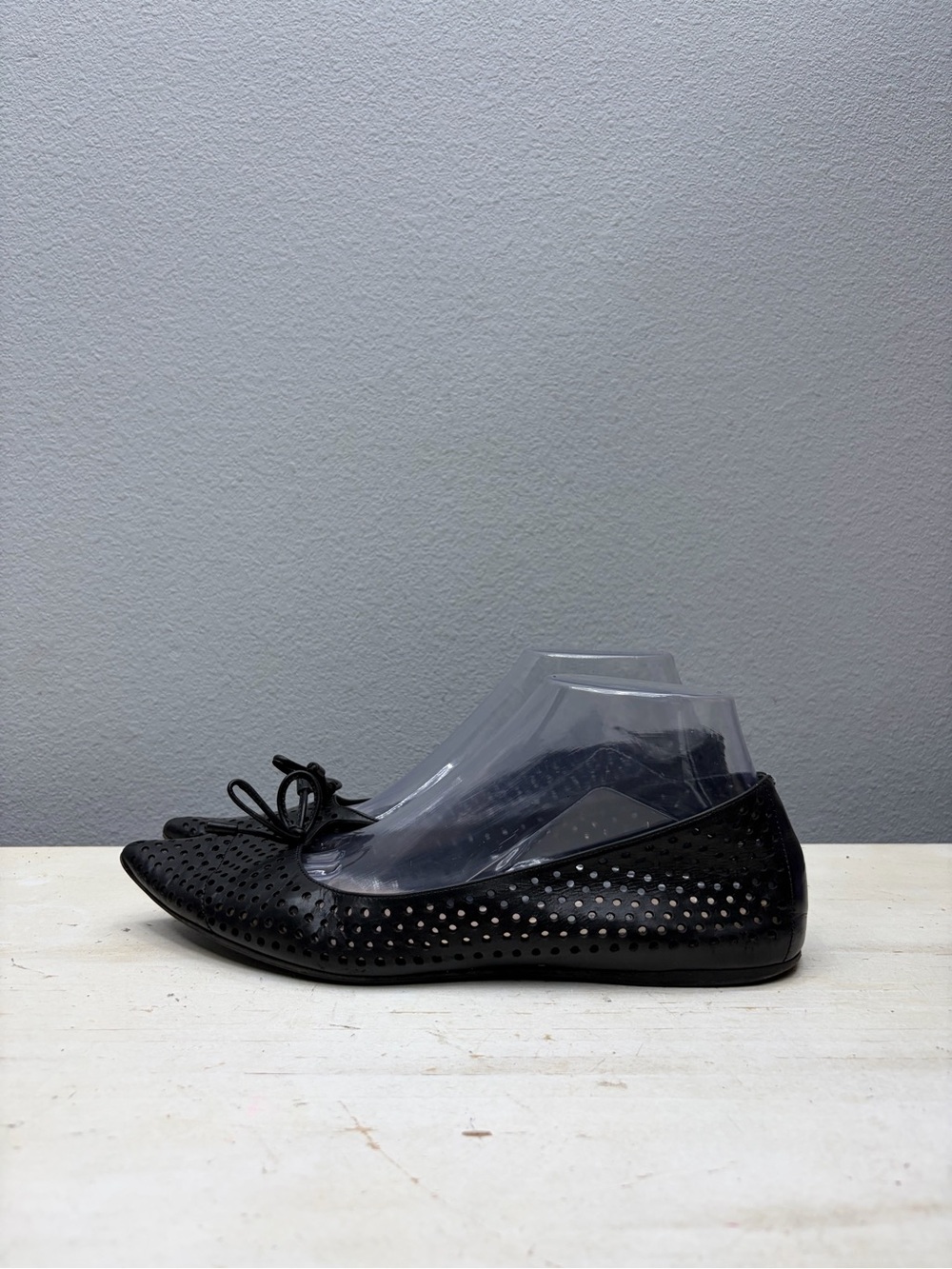Prada Black Leather Perforated Pointed Flats Size 38
